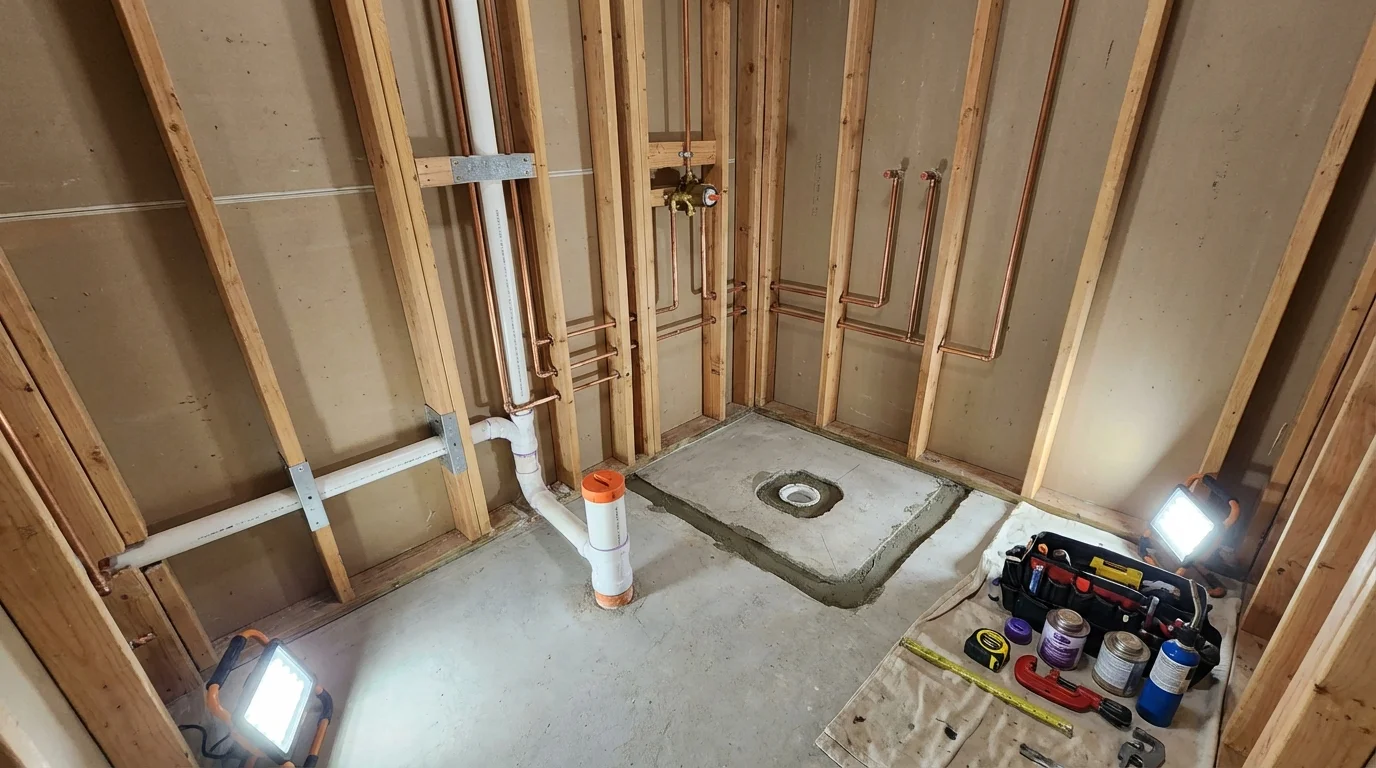 Bathroom rough-in plumbing during remodel by Johns Plumbing LLC in Van Nuys