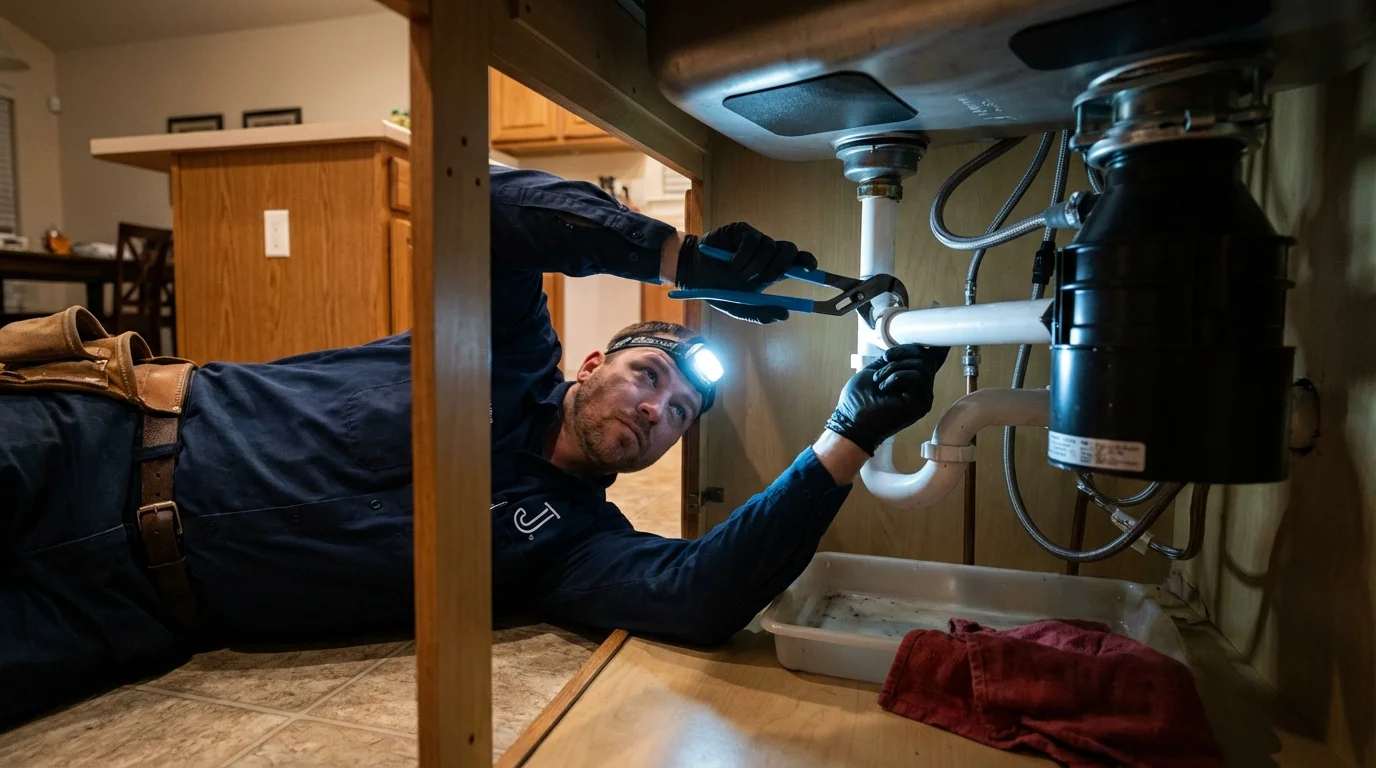 P-trap and supply line connections under a kitchen sink showing a common leak point in Van Nuys, CA